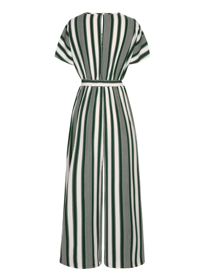 1970s V-Neck Contrast Stripes Jumpsuit: timeless 1970s elegance she makes her own