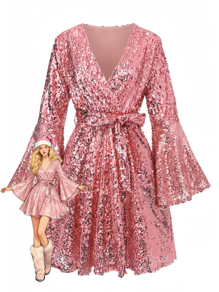 1970s V-Neck Flare Sleeve Sequined Disco Dress - vintage dress, retro fashion