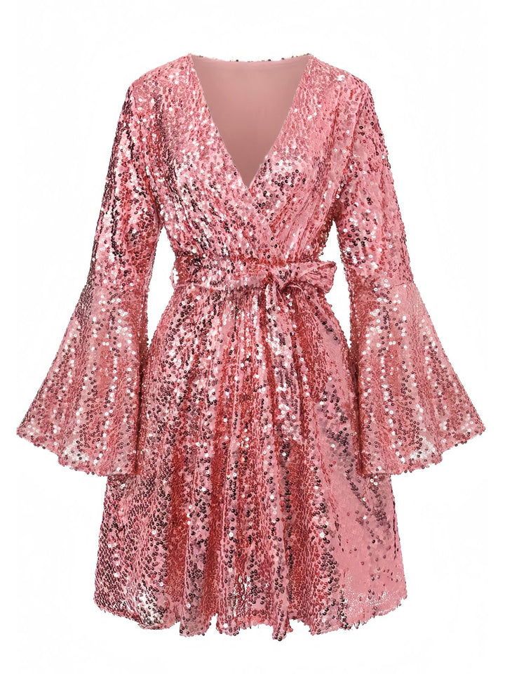 1970s V-Neck Flare Sleeve Sequined Disco Dress - vintage dress, retro fashion