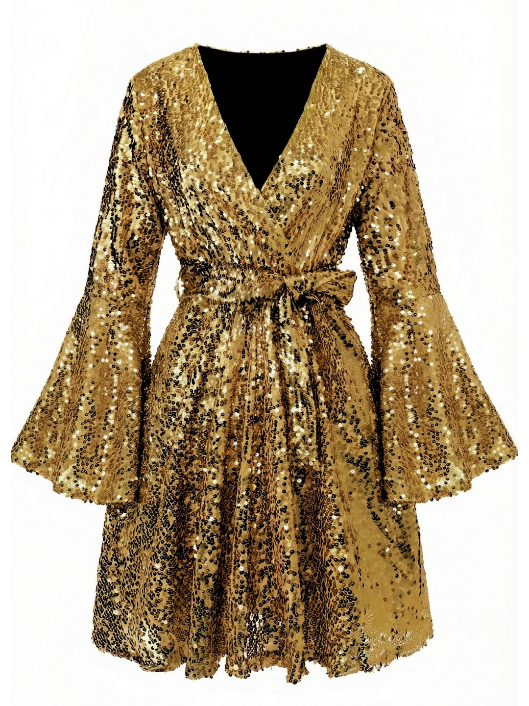 1970s V-Neck Flare Sleeve Sequined Disco Dress - vintage dress, retro fashion