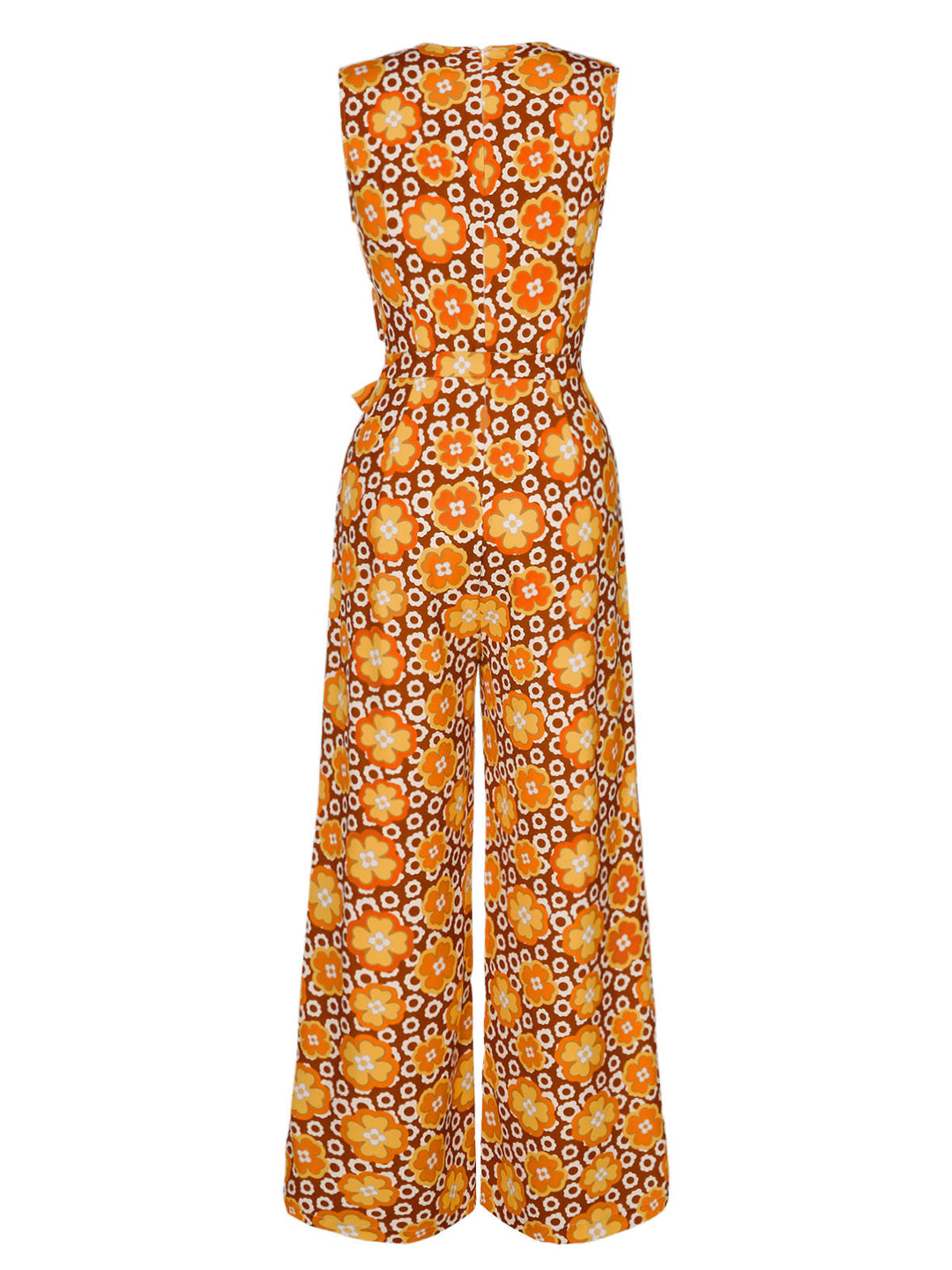 1970s V-Neck Floral Belted Sleeveless Jumpsuit — 1970s elegance in the palm of her hand