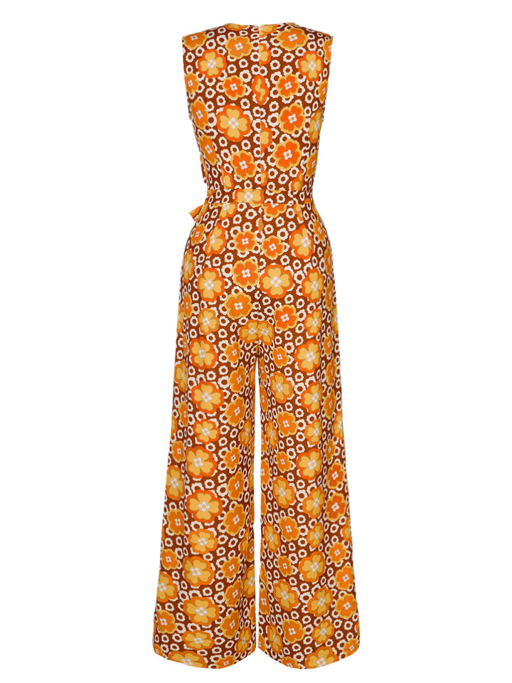 1970s V-Neck Floral Belted Sleeveless Jumpsuit — 1970s elegance in the palm of her hand