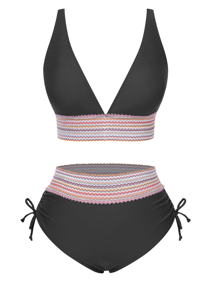 1970s VNeck Patchwork HighWaist Bikini | 1970s | vintage swimsuit, retro beachwear