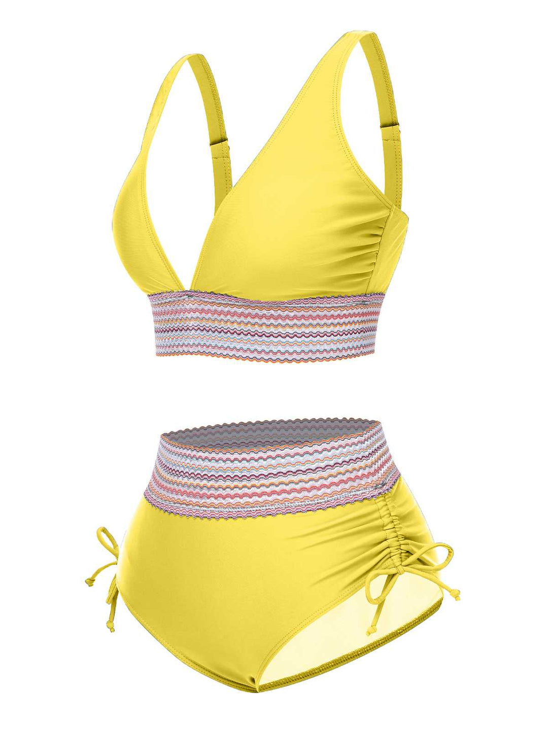 1970s V-Neck Patchwork High-Waist Bikini — 1970s poolside glamour meets sun-drenched confidence