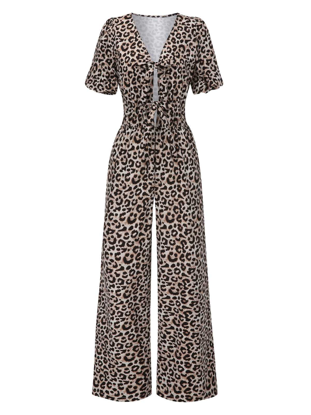 She finds her 1970s story in this 1970s V-Neck Puff Sleeve Leopard Jumpsuit
