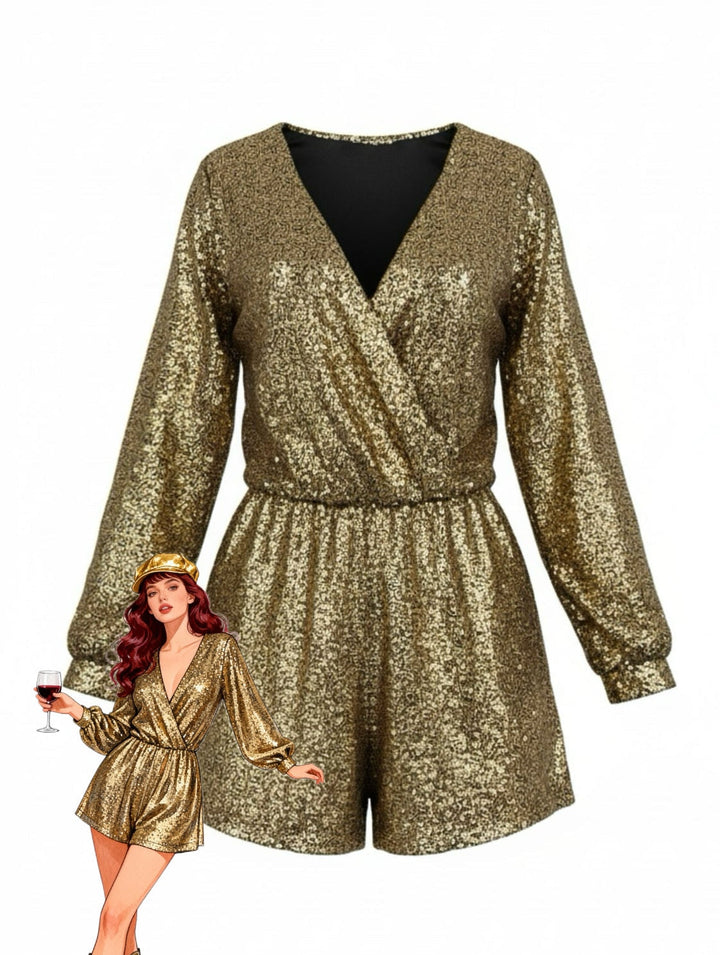1970s V-Neck Sequin Long Sleeve Romper - vintage jumpsuit, retro fashion