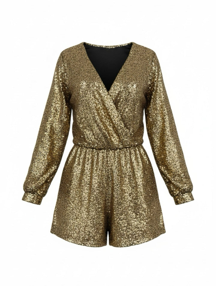 1970s V-Neck Sequin Long Sleeve Romper - vintage jumpsuit, retro fashion
