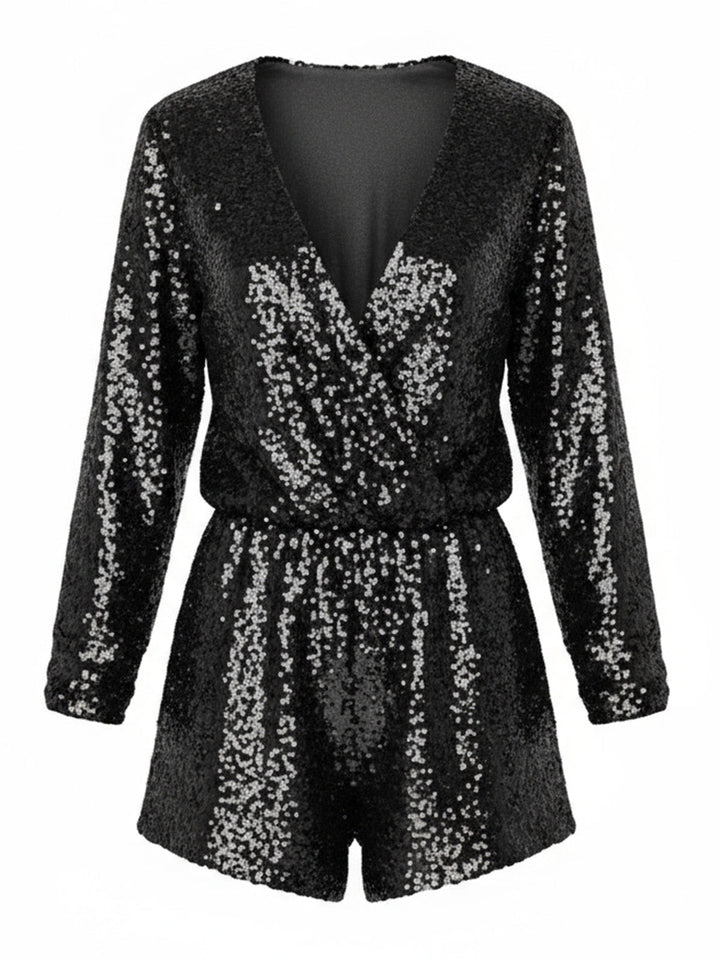 1970s V-Neck Sequin Long Sleeve Romper - vintage jumpsuit, retro fashion