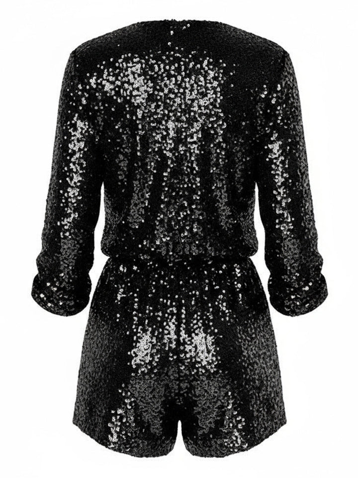 1970s V-Neck Sequin Long Sleeve Romper - vintage jumpsuit, retro fashion