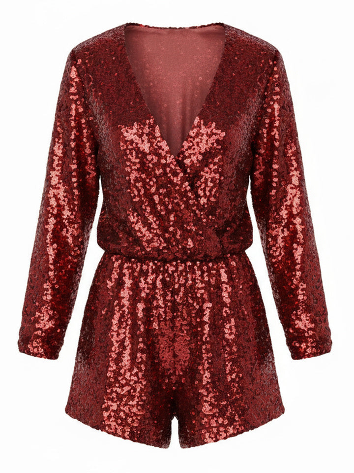 1970s V-Neck Sequin Long Sleeve Romper - vintage jumpsuit, retro fashion