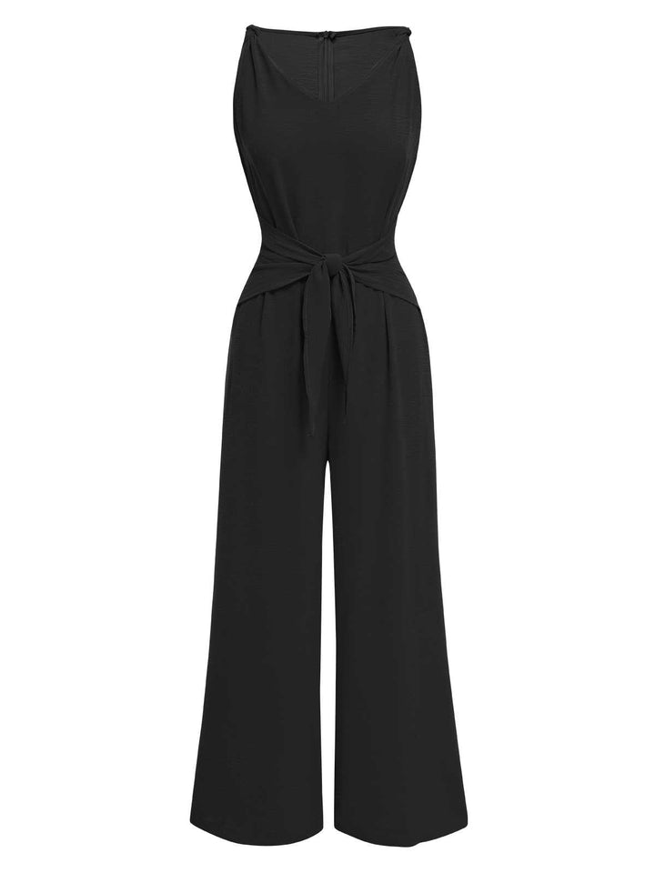 1970s V-Neck Tie-Front Solid Jumpsuit — 1970s vintage charm for her modern wardrobe