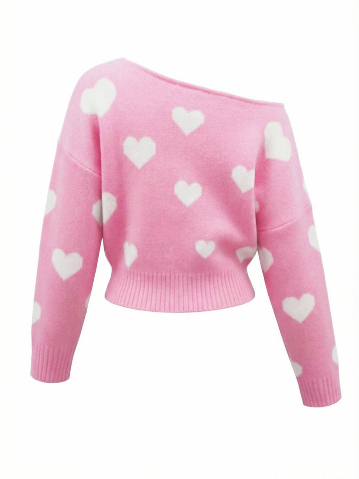 1970s Valentine Heart Asymmetrical Shoulder Pullover Sweater - vintage fashion, style