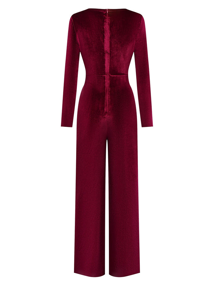 1970s Velvet Deep V-Neck Long Sleeve Jumpsuit - vintage jumpsuit, retro fashion