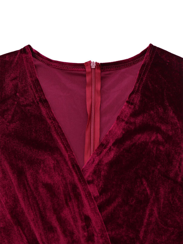 1970s Velvet Deep V-Neck Long Sleeve Jumpsuit - vintage jumpsuit, retro fashion