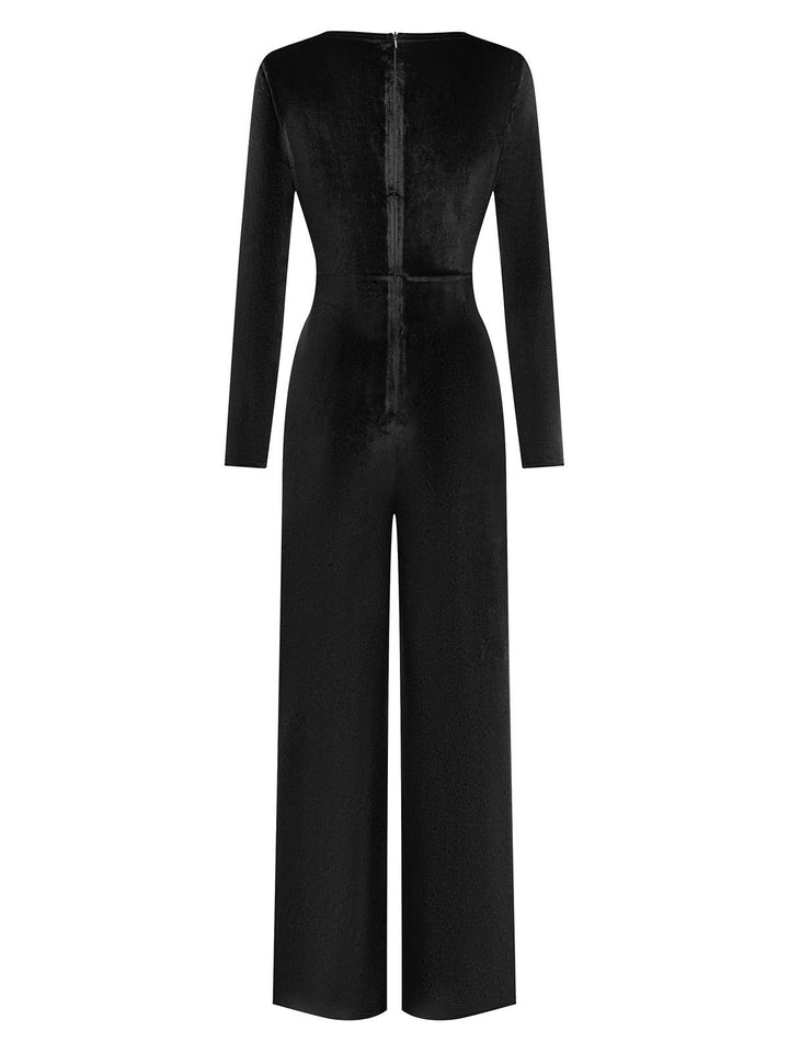 1970s Velvet Deep V-Neck Long Sleeve Jumpsuit - vintage jumpsuit, retro fashion