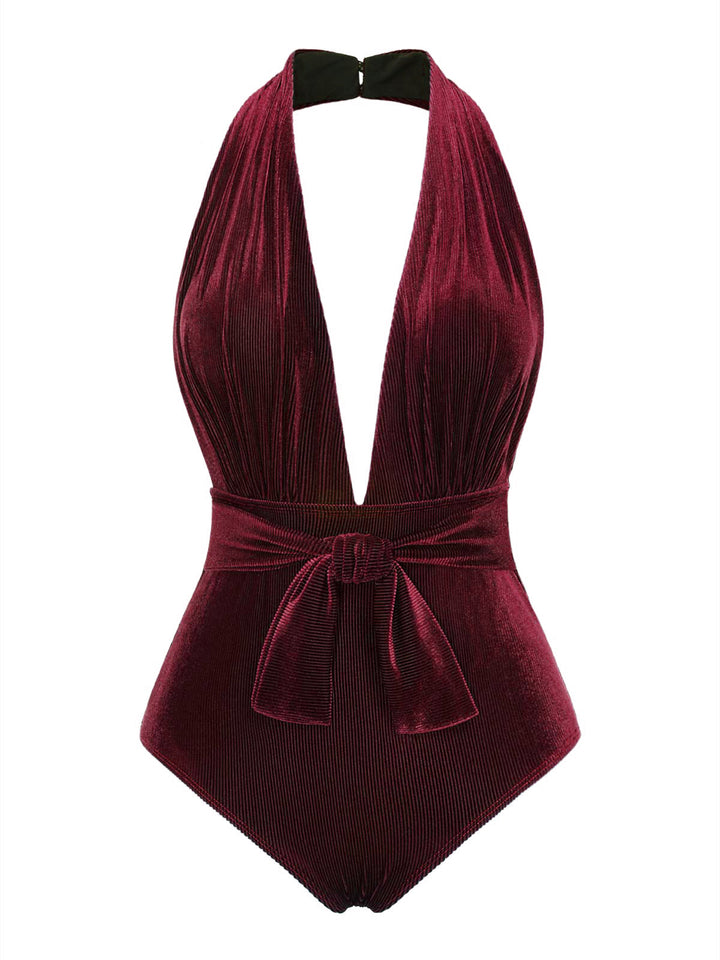 Dark 1970s Velvet Deep V-Neck Swimsuit — because 1970s glamour never goes out of style