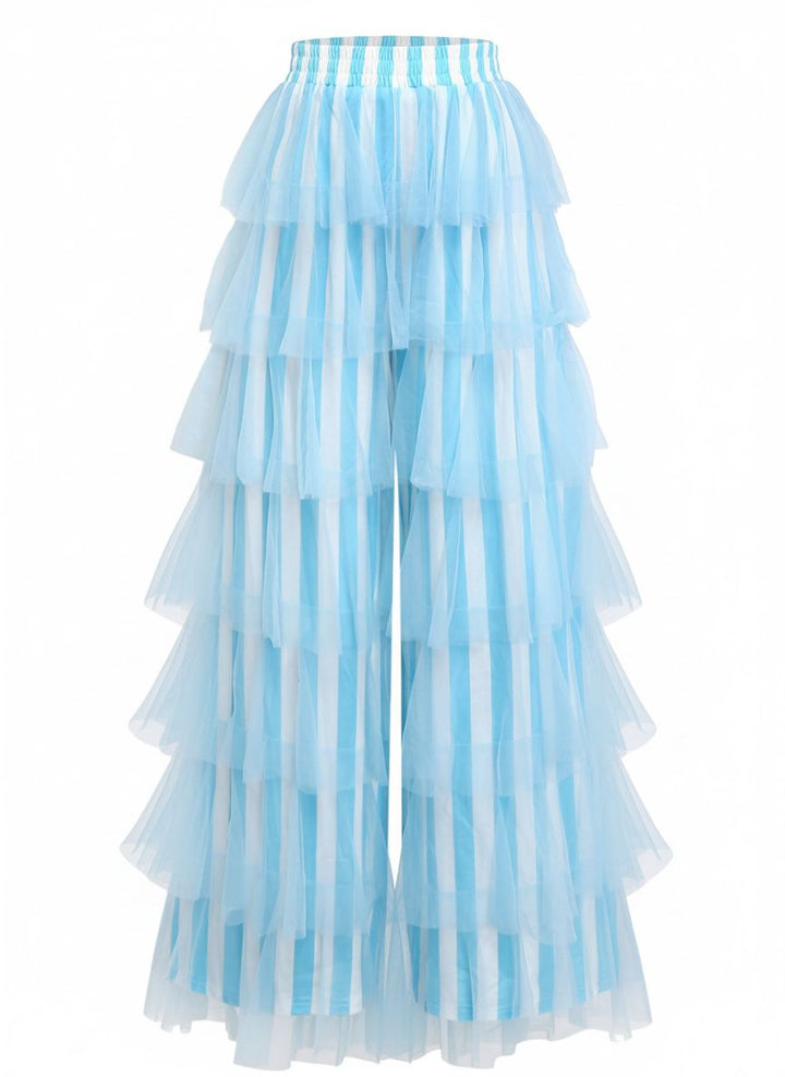 1970s Vertical Stripe Mesh Tiered Ruffle Pants - vintage fashion, retro style, elegant red