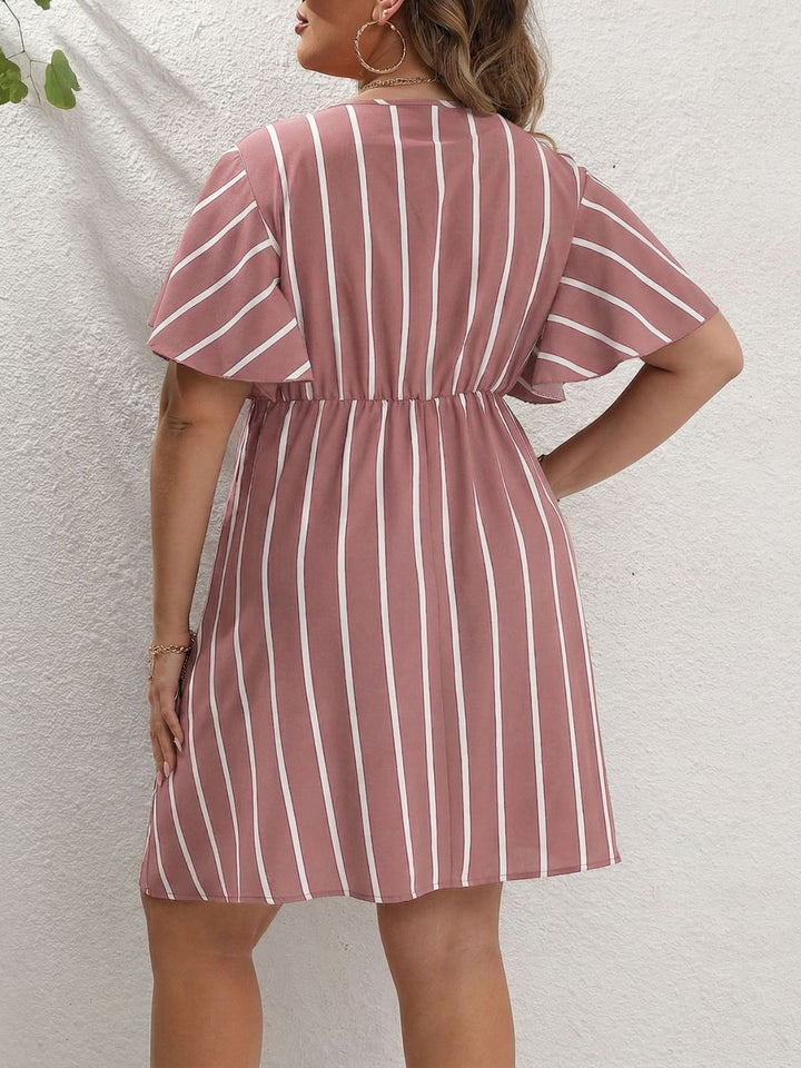 [Plus Size] 1970s Wrap V-Neck Striped Flutter Sleeve Dress - vintage dress, retro fashion for vintage lovers