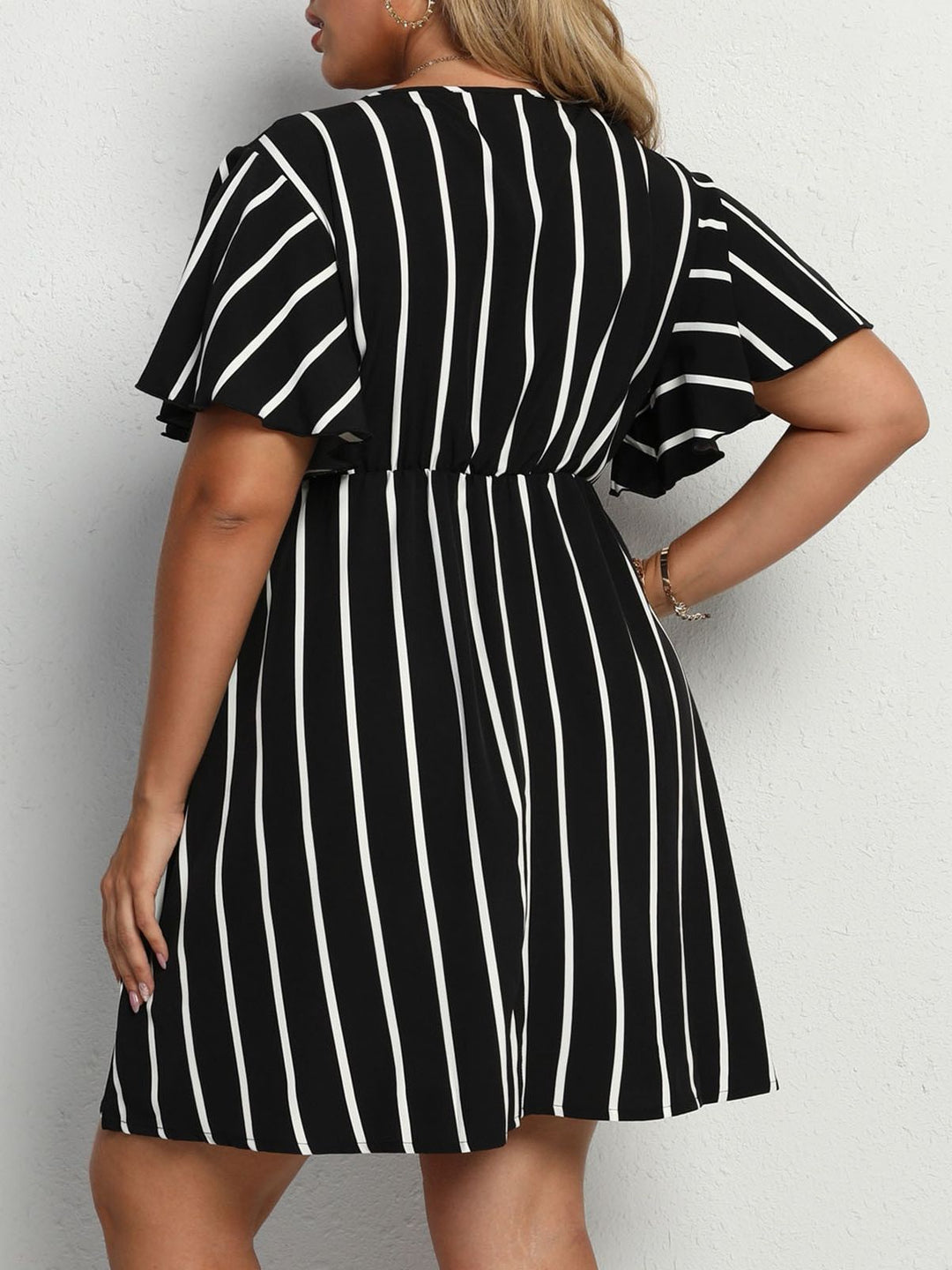 [Plus Size] 1970s Wrap V-Neck Striped Flutter Sleeve Dress - vintage dress, retro fashion for vintage lovers