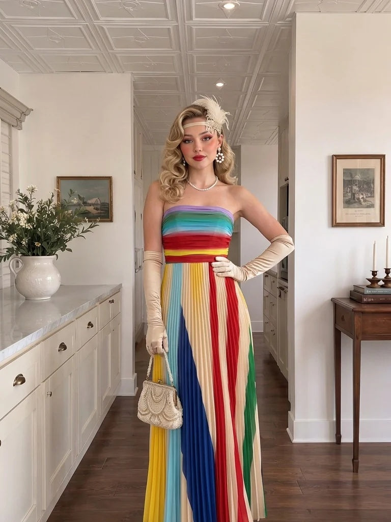 Rainbow Pleated Strapless Maxi Dress 3:4 primary image