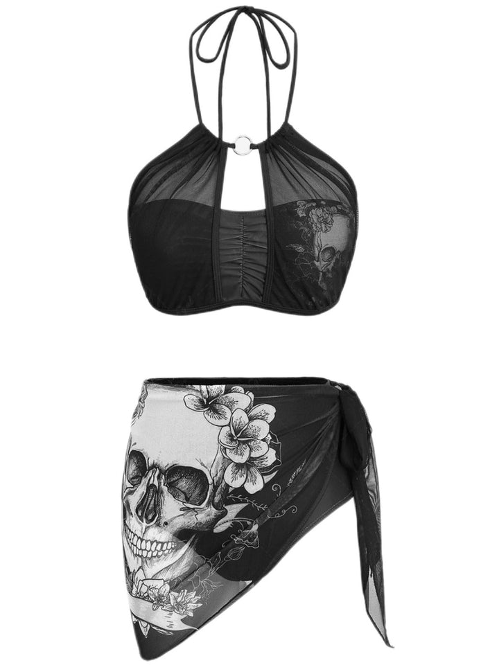 2PCS Black 1980s Gothic Skull Mesh Halter Bikini Set &amp; Cover Up - vintage fashion, retro style, classic black