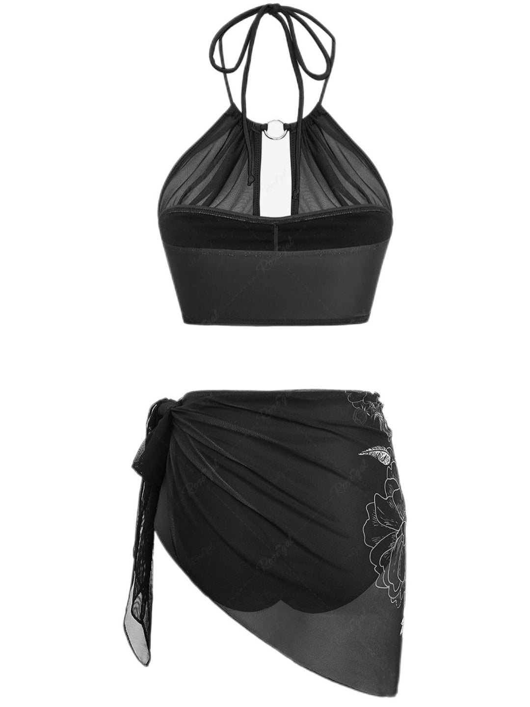 2PCS Black 1980s Gothic Skull Mesh Halter Bikini Set &amp; Cover Up - vintage fashion, retro style, classic black