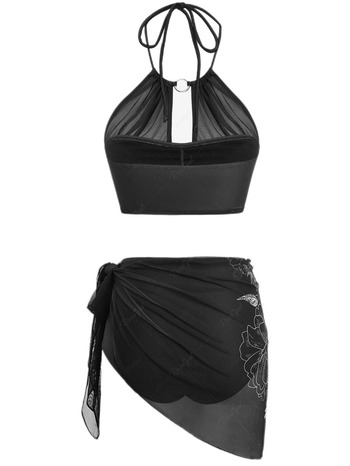 2PCS Black 1980s Gothic Skull Mesh Halter Bikini Set &amp; Cover Up - vintage fashion, retro style, classic black