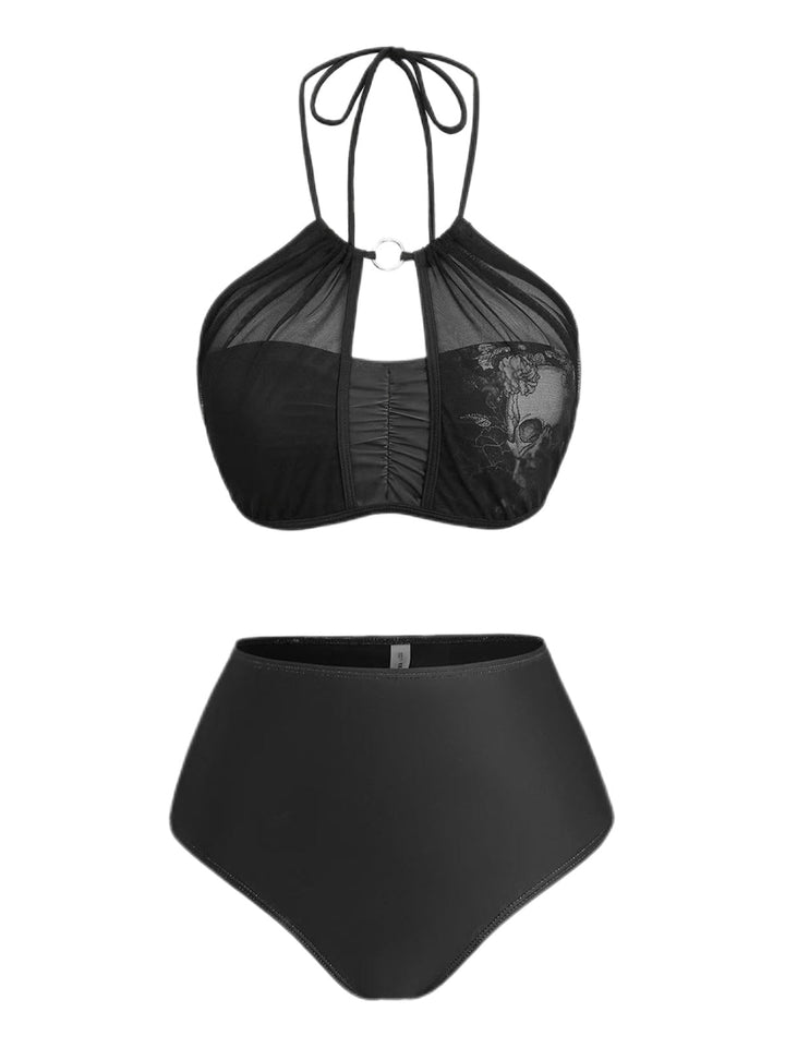 2PCS Black 1980s Gothic Skull Mesh Halter Bikini Set &amp; Cover Up - vintage fashion, retro style, classic black