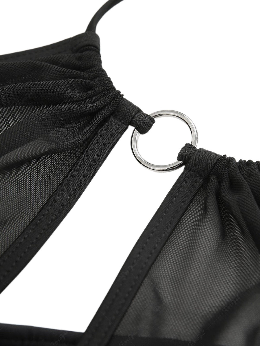 2PCS Black 1980s Gothic Skull Mesh Halter Bikini Set &amp; Cover Up - vintage fashion, retro style, classic black