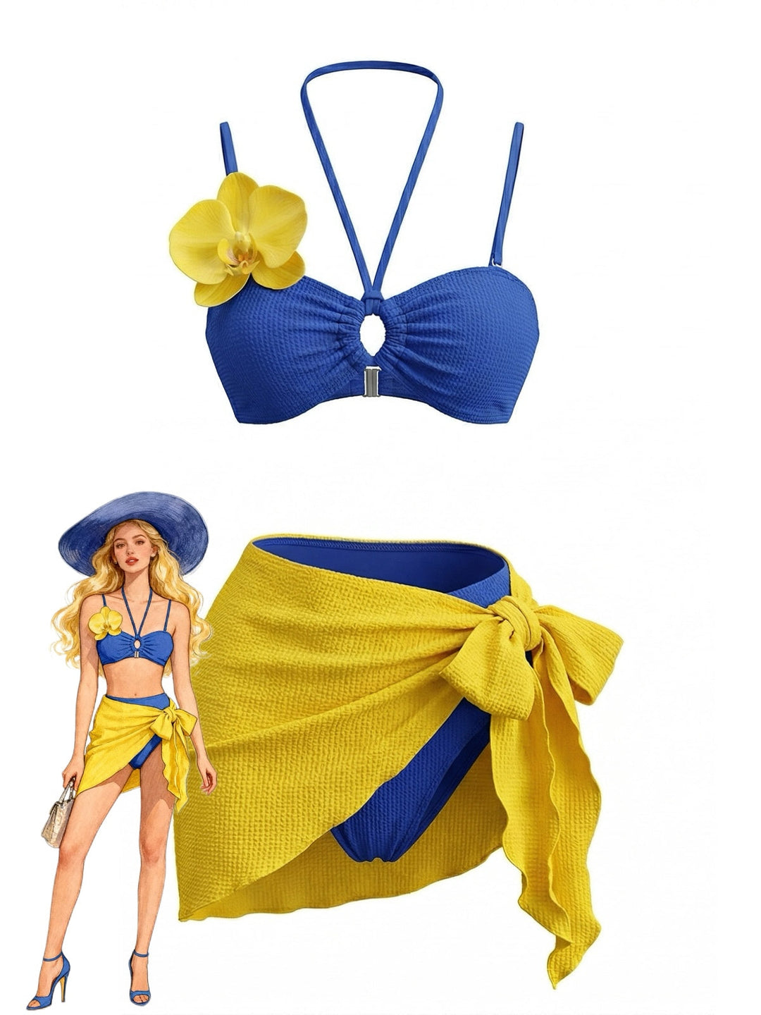 3PCS Blue 1980s Phalaenopsis Halter Bikini Set &amp; Yellow Sarong - vintage fashion, retro style
