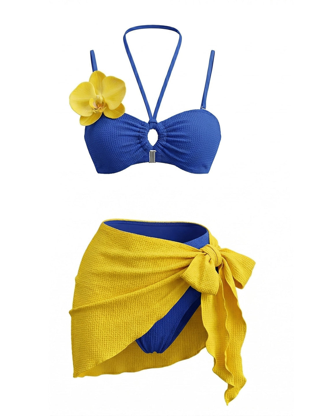 3PCS Blue 1980s Phalaenopsis Halter Bikini Set &amp; Yellow Sarong - vintage fashion, retro style