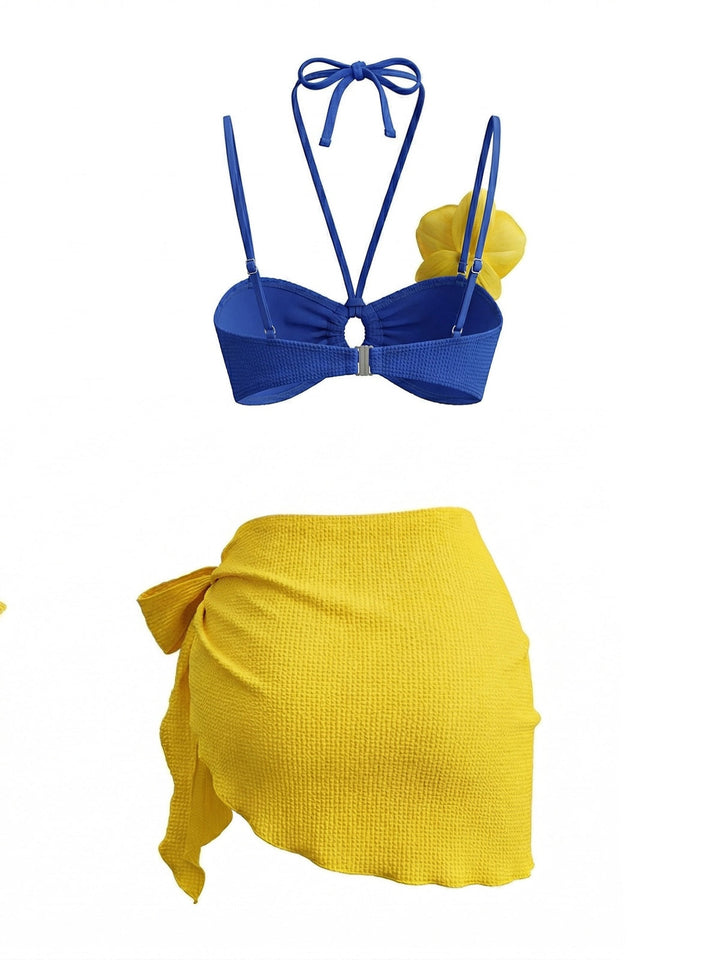 3PCS Blue 1980s Phalaenopsis Halter Bikini Set &amp; Yellow Sarong - vintage fashion, retro style