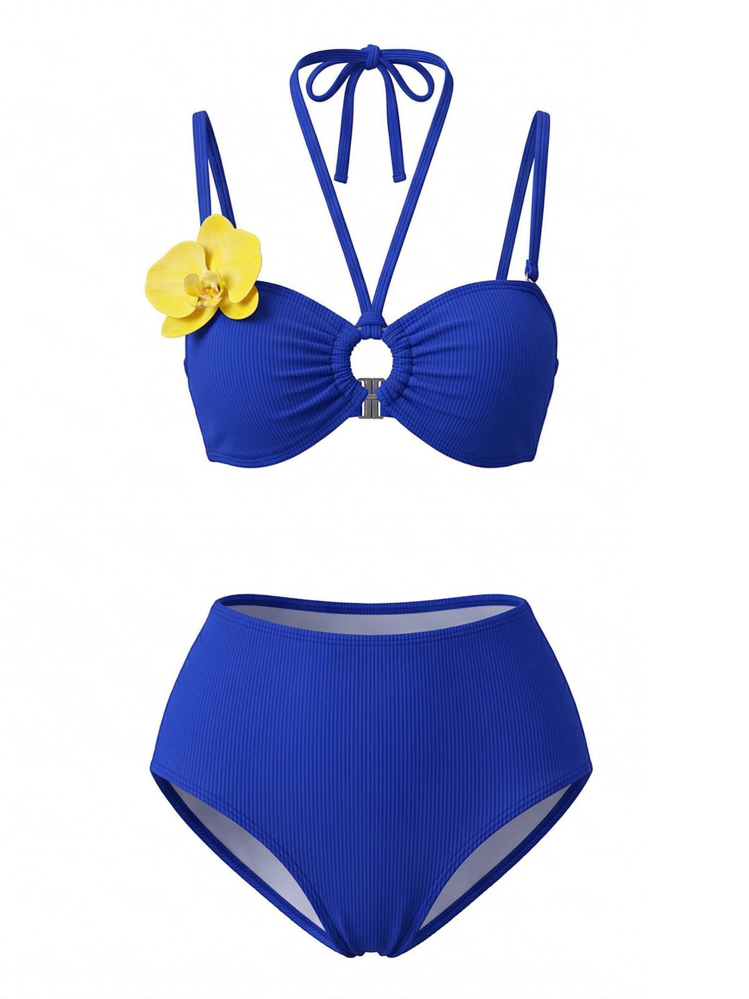 3PCS Blue 1980s Phalaenopsis Halter Bikini Set &amp; Yellow Sarong - vintage fashion, retro style