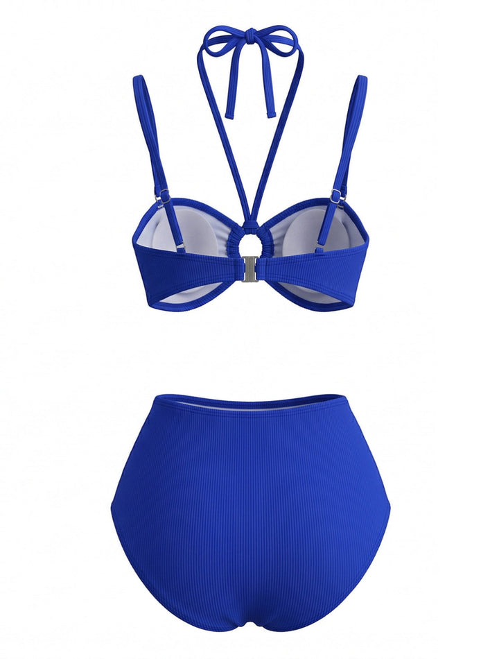3PCS Blue 1980s Phalaenopsis Halter Bikini Set &amp; Yellow Sarong - vintage fashion, retro style