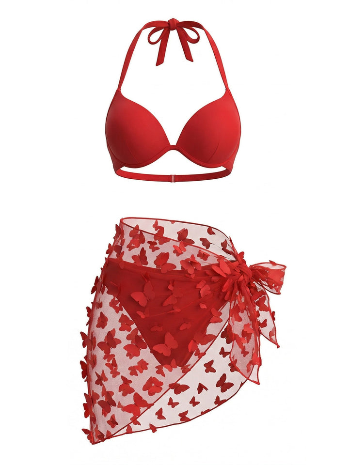 3PCS 1980s Halter Bikini Set &amp; 3D Butterfly Sheer Cover-Up - vintage fashion, retro style