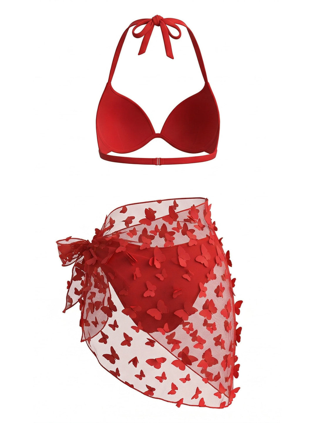 3PCS 1980s Halter Bikini Set &amp; 3D Butterfly Sheer Cover-Up - vintage fashion, retro style