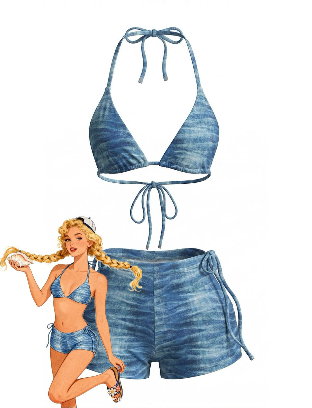 3PCS Light Blue 1980s Denim Plunging Trunks Bikini Set &amp; Shorts - vintage fashion, retro style