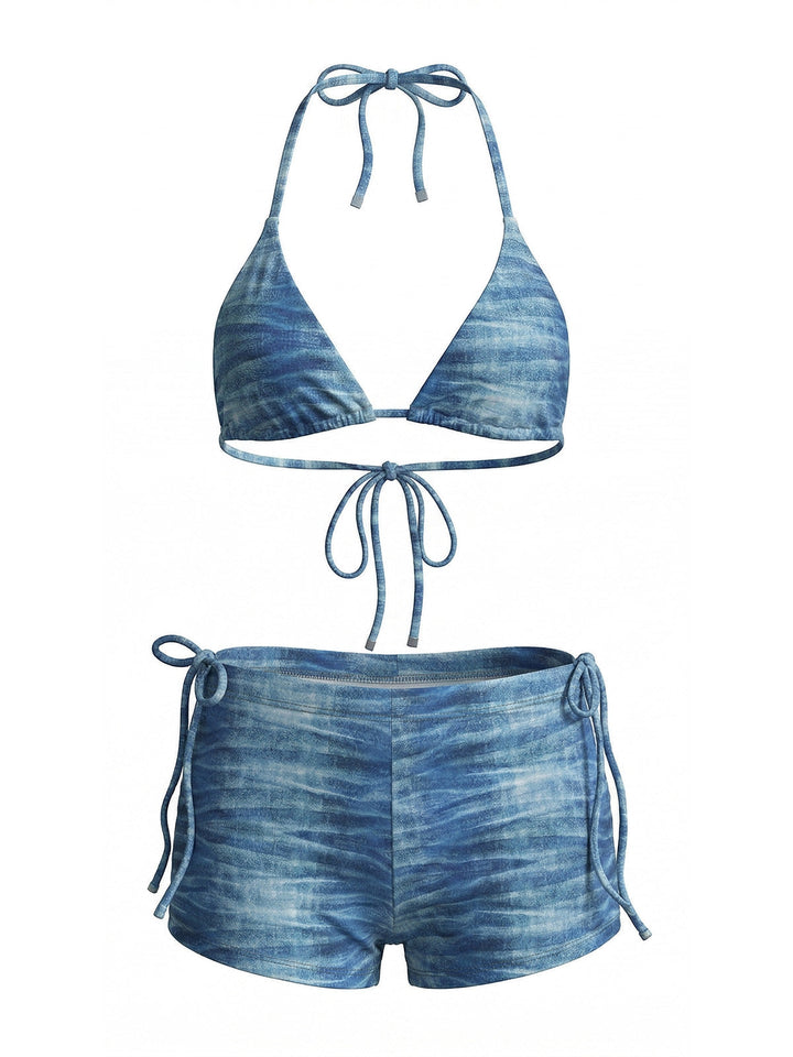 3PCS Light Blue 1980s Denim Plunging Trunks Bikini Set &amp; Shorts - vintage fashion, retro style