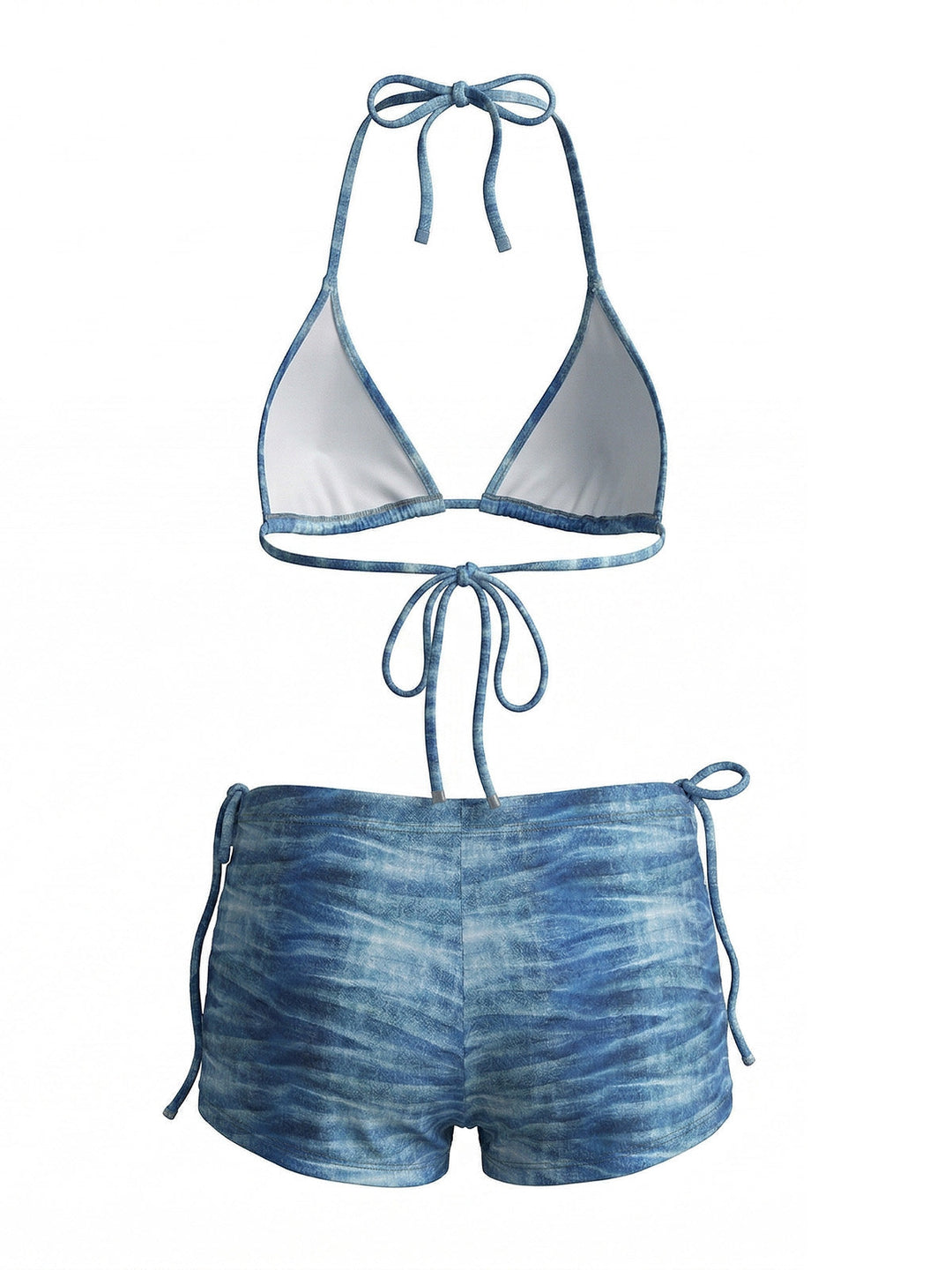 3PCS Light Blue 1980s Denim Plunging Trunks Bikini Set &amp; Shorts - vintage fashion, retro style
