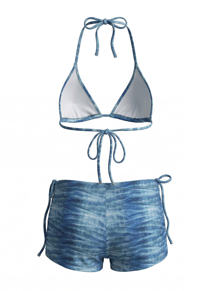 3PCS Light Blue 1980s Denim Plunging Trunks Bikini Set &amp; Shorts - vintage fashion, retro style