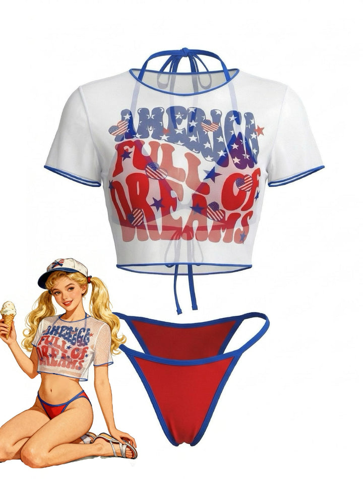 3PCS 1980s Patriotic Graphic Mesh Crop Top &amp; Bikini Set - vintage fashion, retro style