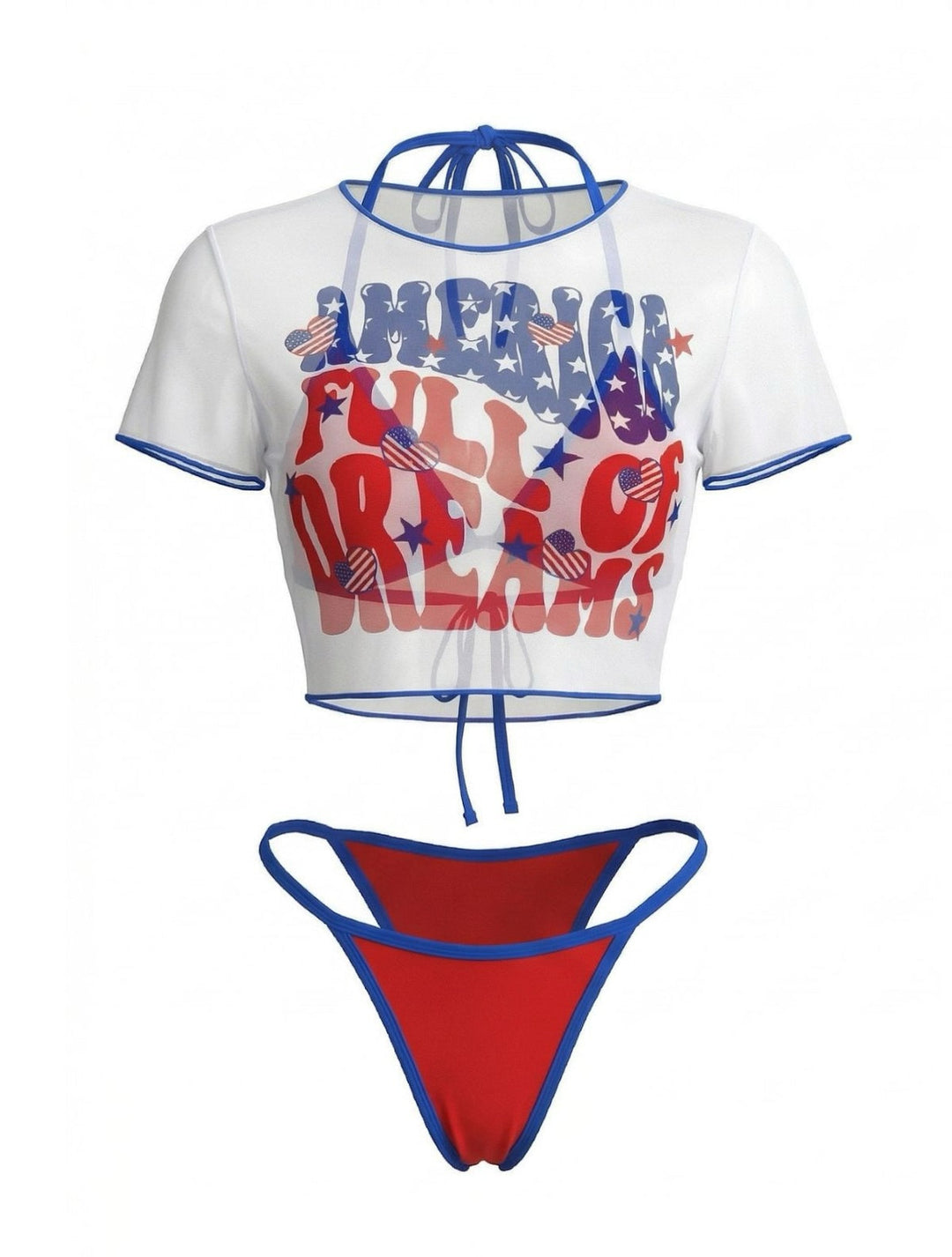 3PCS 1980s Patriotic Graphic Mesh Crop Top &amp; Bikini Set - vintage fashion, retro style