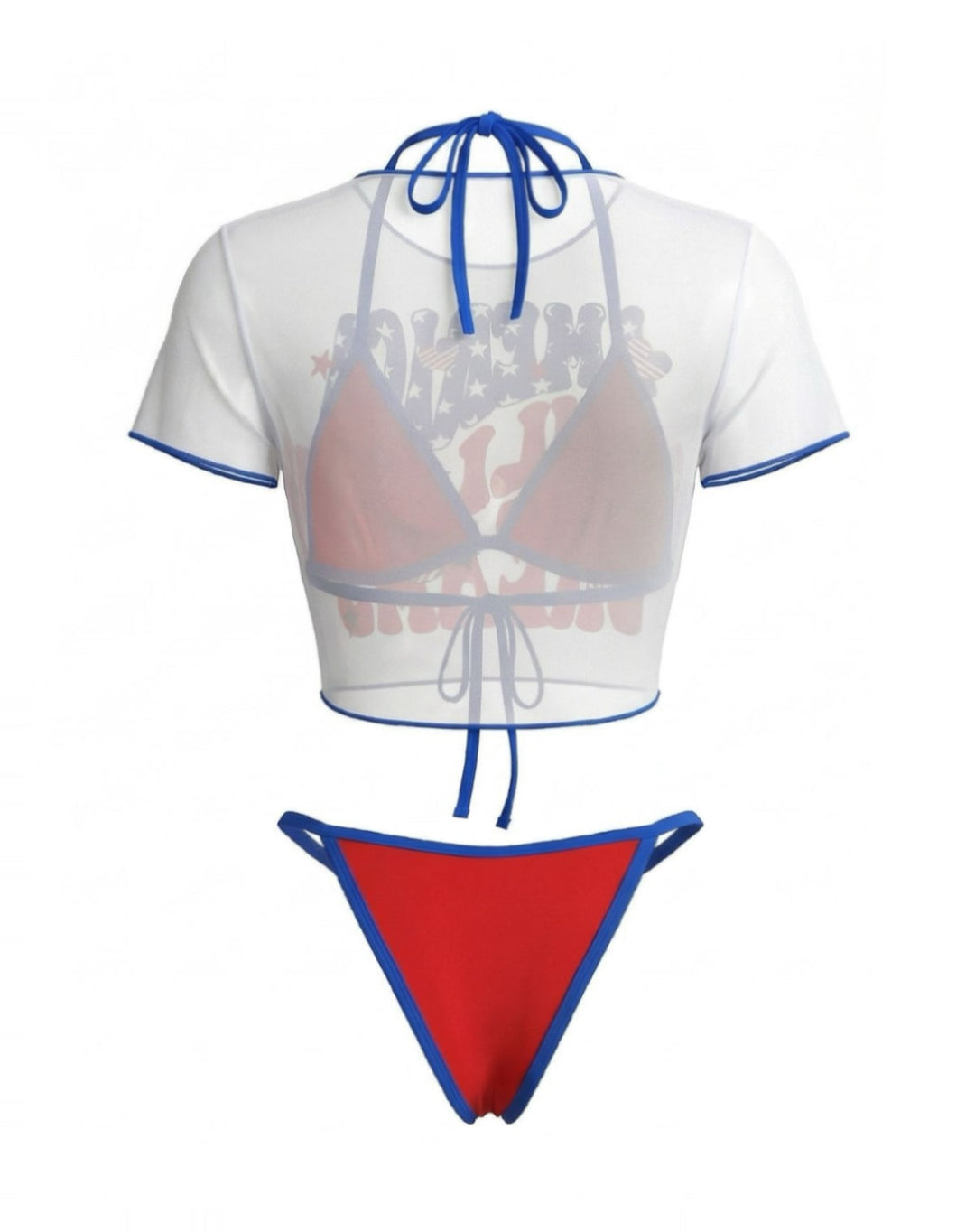3PCS 1980s Patriotic Graphic Mesh Crop Top &amp; Bikini Set - vintage fashion, retro style
