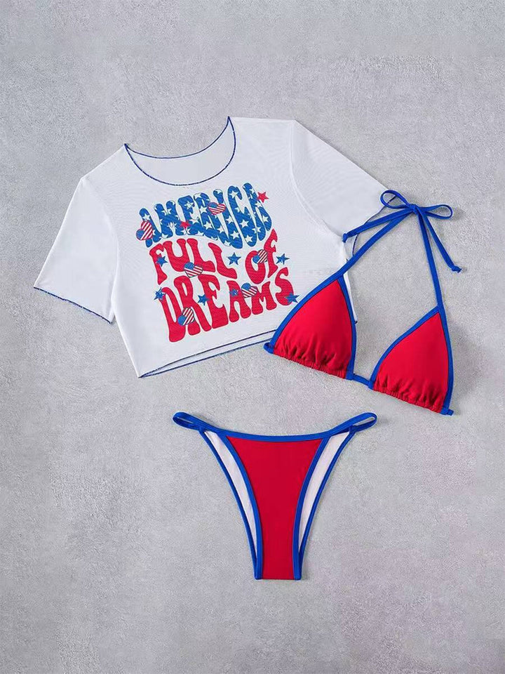3PCS 1980s Patriotic Graphic Mesh Crop Top &amp; Bikini Set - vintage fashion, retro style