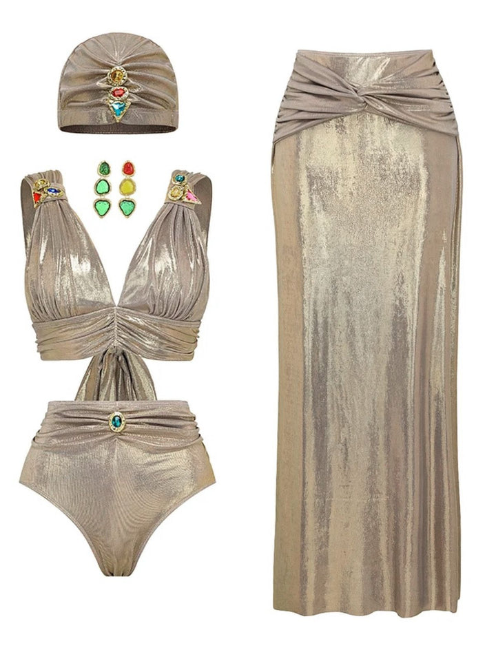 5PCS Gold 1980s Bejeweled Metallic Egyptian-Inspired Bikini Set - vintage fashion, retro style, elegant red
