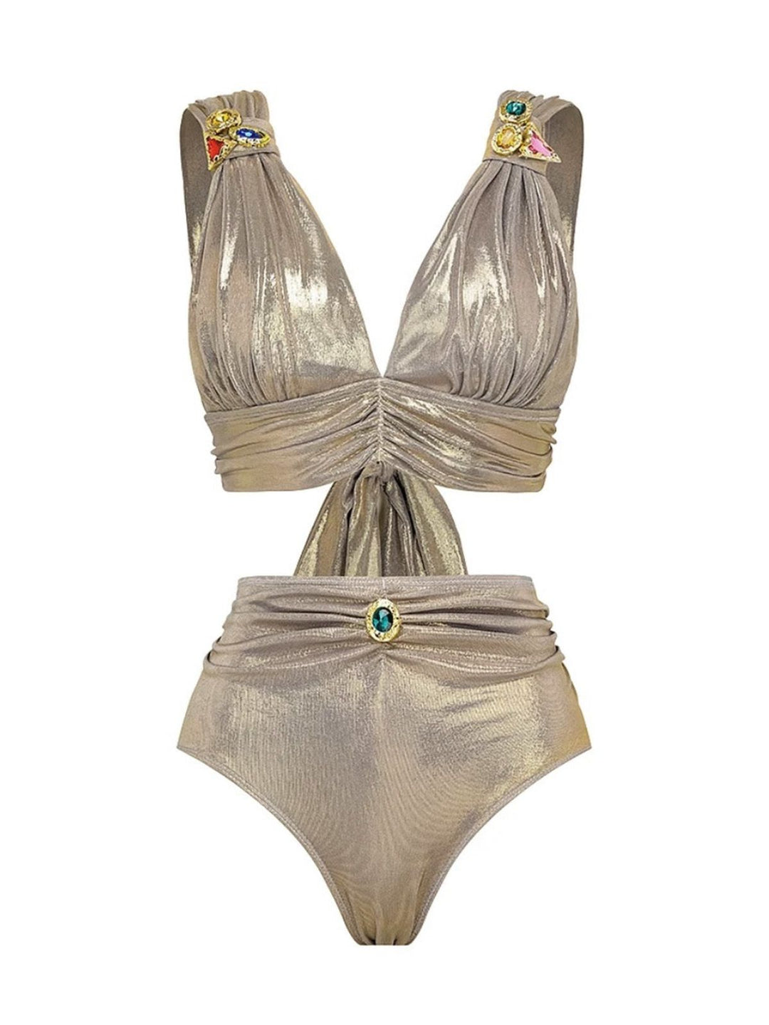 5PCS Gold 1980s Bejeweled Metallic Egyptian-Inspired Bikini Set - vintage fashion, retro style, elegant red