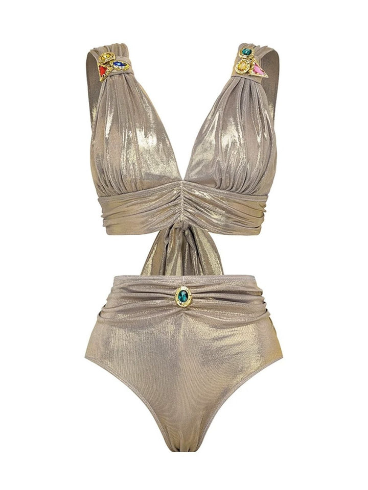 5PCS Gold 1980s Bejeweled Metallic Egyptian-Inspired Bikini Set - vintage fashion, retro style, elegant red
