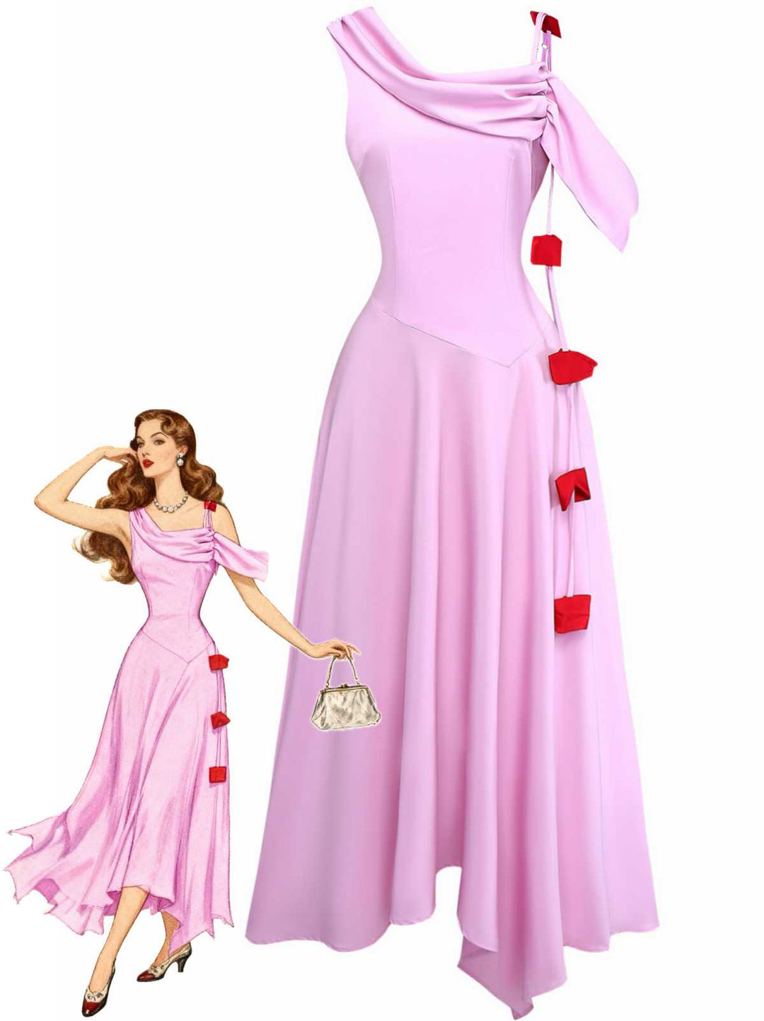 1980s Asymmetric One-Shoulder Draped Midi Dress - vintage dress, retro fashion