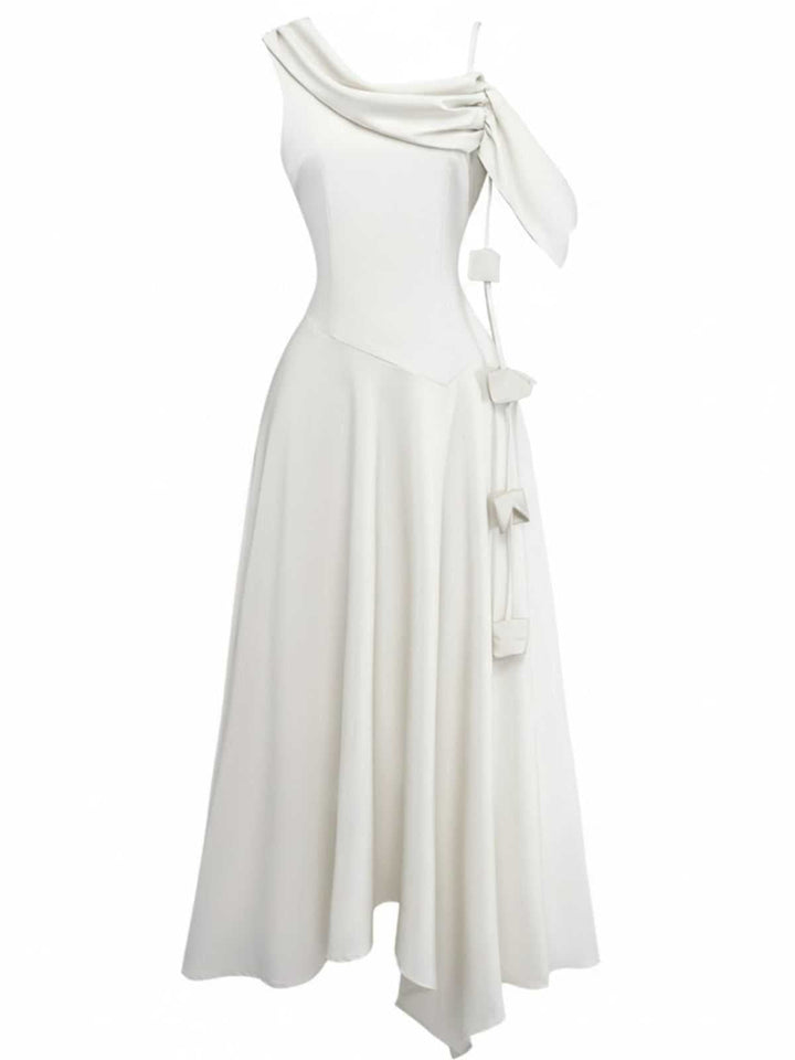 1980s Asymmetric One-Shoulder Draped Midi Dress - vintage dress, retro fashion