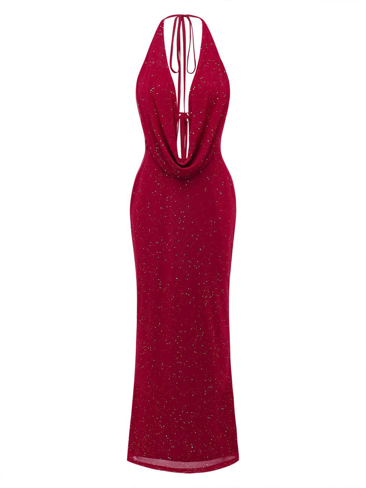 1980s Backless Cowl Glitter Halter Slit Maxi Dress - vintage dress, retro fashion